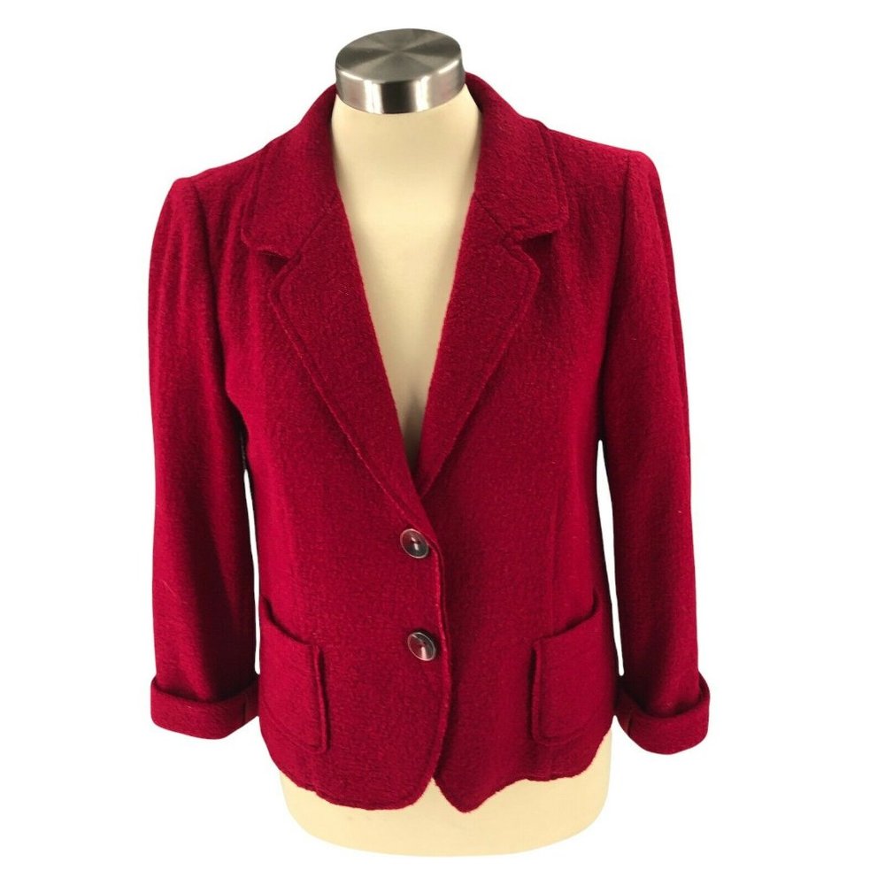 J. Jill Womens Jacket Small Petite Red Blazer Wool Long Sleeve Single Breasted